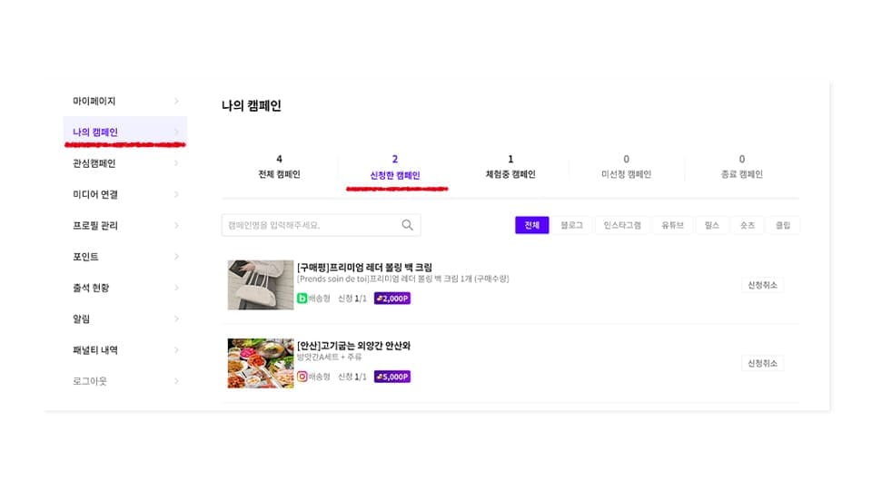 선정된 캠페인 확인 예시